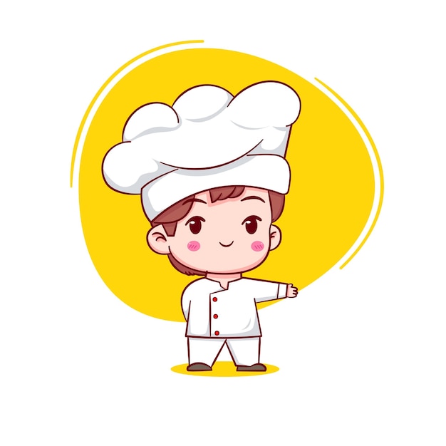 손님을 환영하는 귀여운 요리사 캐릭터의 만화 그림