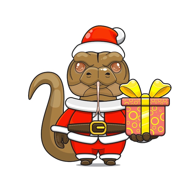 Cartoon illustration of cute comodo dragon mascot wearing santa costume giving a gift box