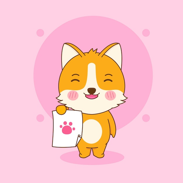 Cartoon illustrazione del simpatico personaggio di cane corgi che firma su carta