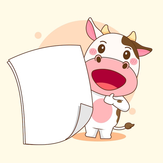 Cartoon illustration of cute cow character holding empty paper