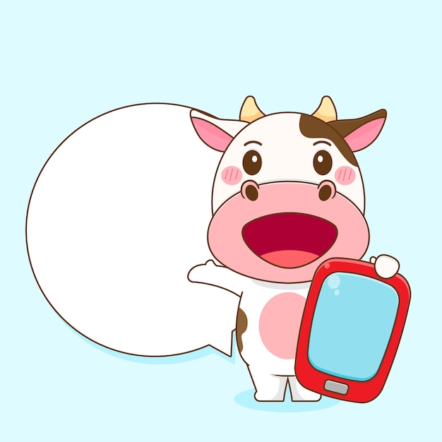 Cartoon illustration of cute cow character with phone and speech bubble