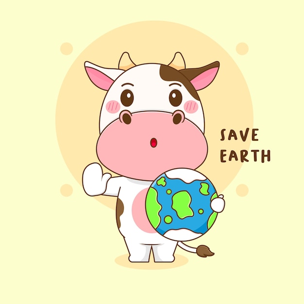 Cartoon illustration of cute cow save earth