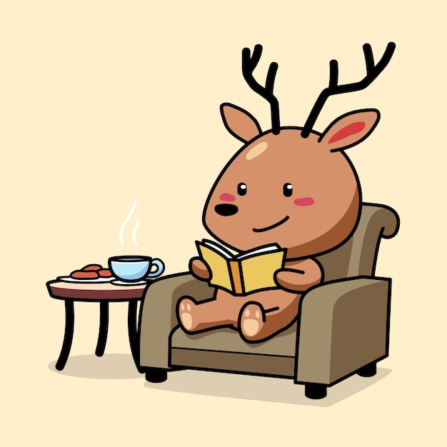 Cartoon illustration of cute deer sitting in the chair while reading a book