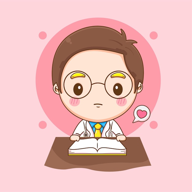 Cartoon illustration of cute doctor character reading a book