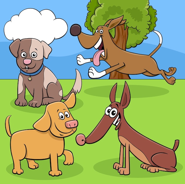 Cartoon illustration of cute dogs and puppies animal characters group