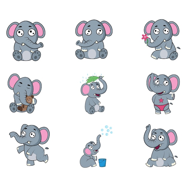 Vector cartoon illustration of cute elephant character set