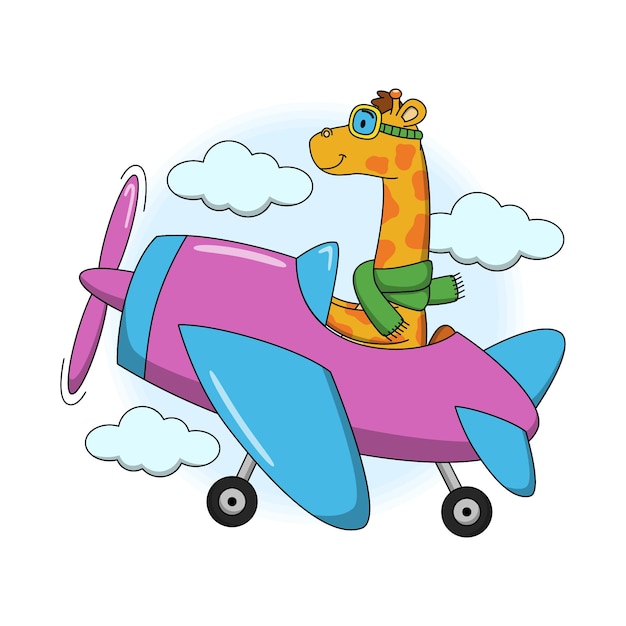 Cartoon illustration of cute giraffe flying in an airplane