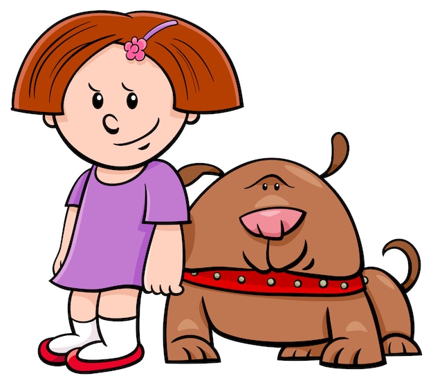 Cartoon Illustration of Cute Girl with Funny Dog