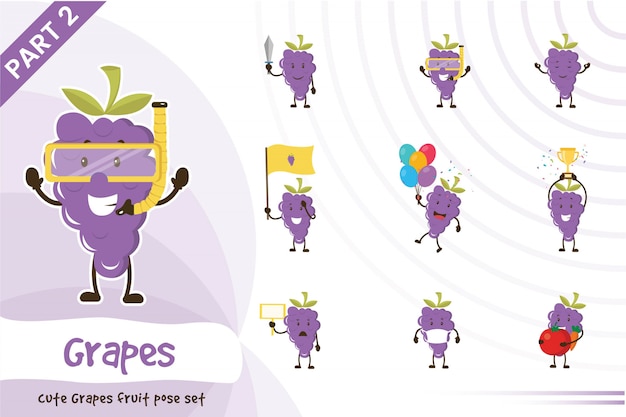 Cartoon Illustration Of Cute Grapes Fruit Set