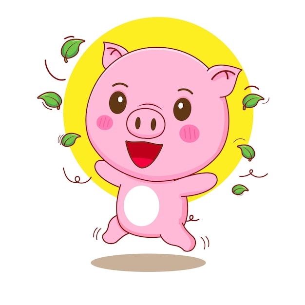 Cartoon illustration of cute happy pig character with leaves around