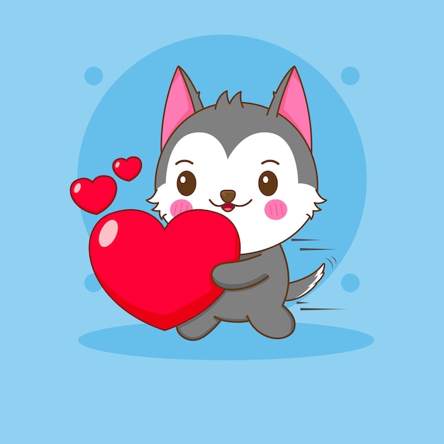 cartoon illustration of cute husky character holding love heart