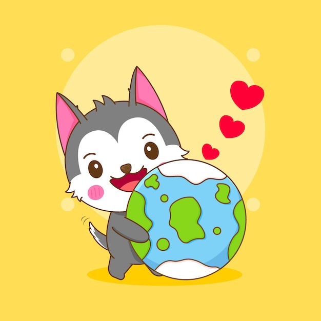 Cartoon illustration of cute husky character loves the earth