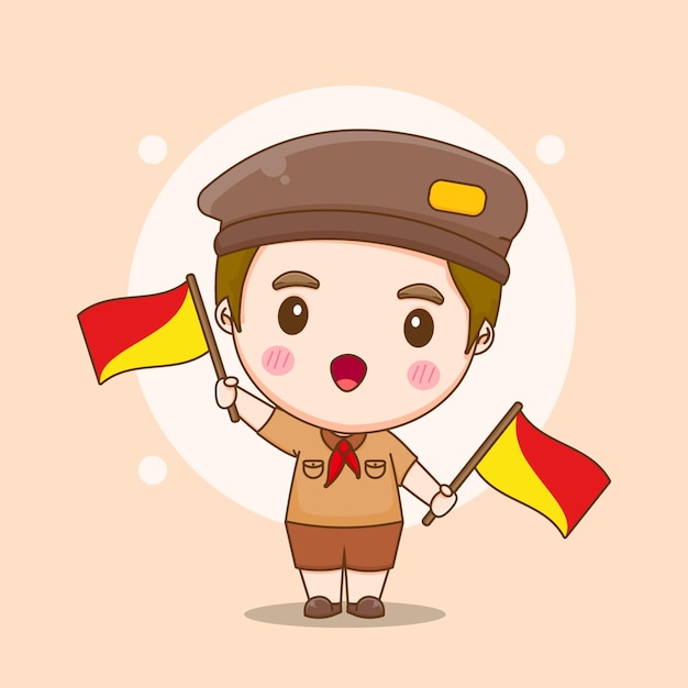 Cartoon illustration of cute Indonesian boy with Pramuka day concept