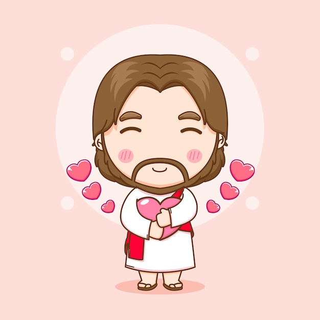 cartoon illustration of cute jesus holding love