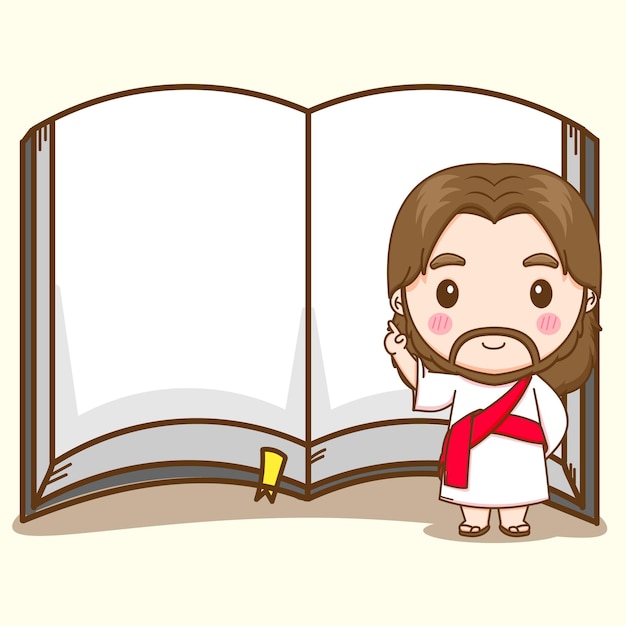 cartoon illustration of cute jesus with big book