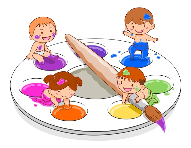 Vector cartoon illustration of cute kids playing in colour mixing palette.