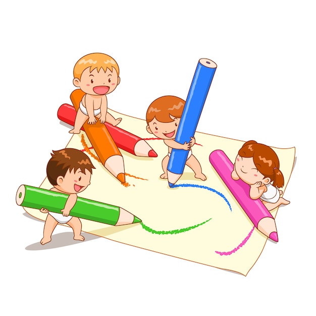 Cartoon illustration of cute kids playing colour pencils on paper.