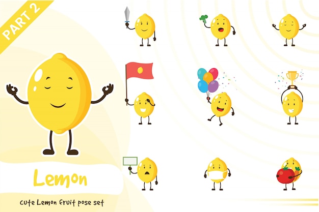 Cartoon illustration of cute lemon fruit set