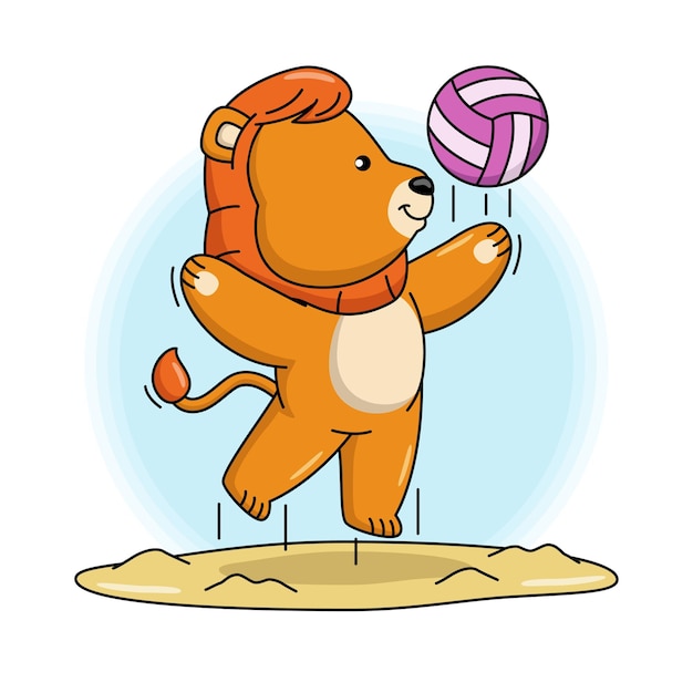 Cartoon illustration of cute lion playing volleyball