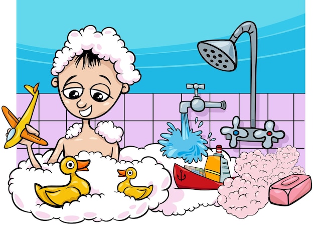 Cartoon illustration of cute little boy taking a bath with toys