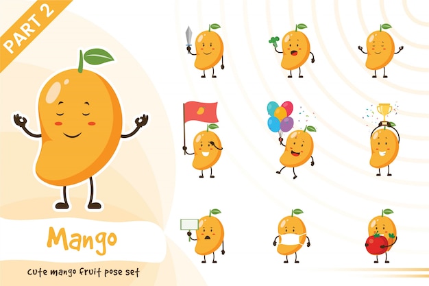 Cartoon illustration of cute mango fruit set