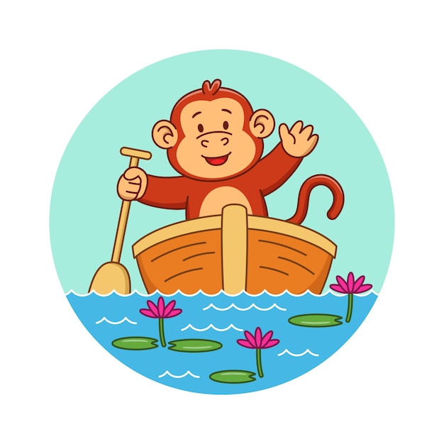 Cartoon illustration of a cute monkey on a boat