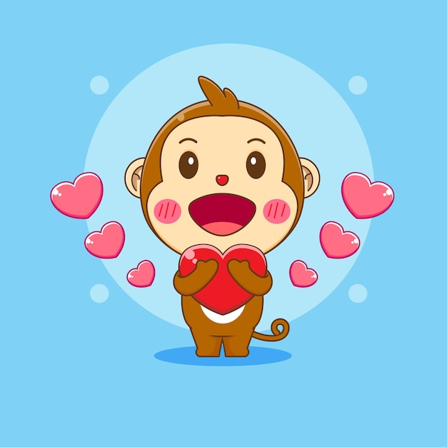 Cartoon illustration of cute monkey character holding love