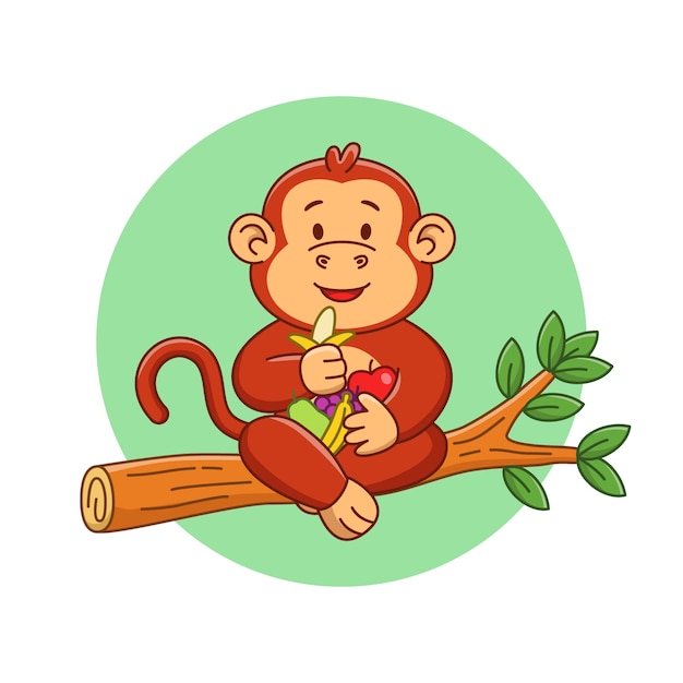 Vettore illustrazione del fumetto della scimmia sveglia che mangia frutta