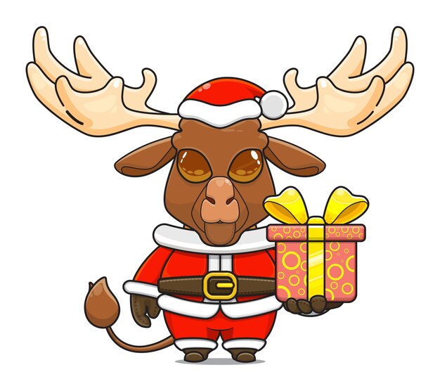 Cartoon illustration of cute moose mascot wearing santa costume giving a gift box