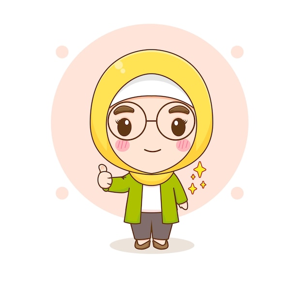 Cartoon illustration of cute Moslem girl character showing thumb up with stars around