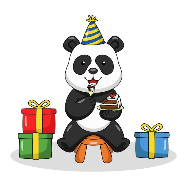 Cartoon illustrazione di un simpatico panda che mangia la torta