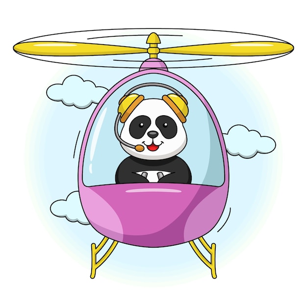 Cartoon illustration of a cute panda flying in a helicopter