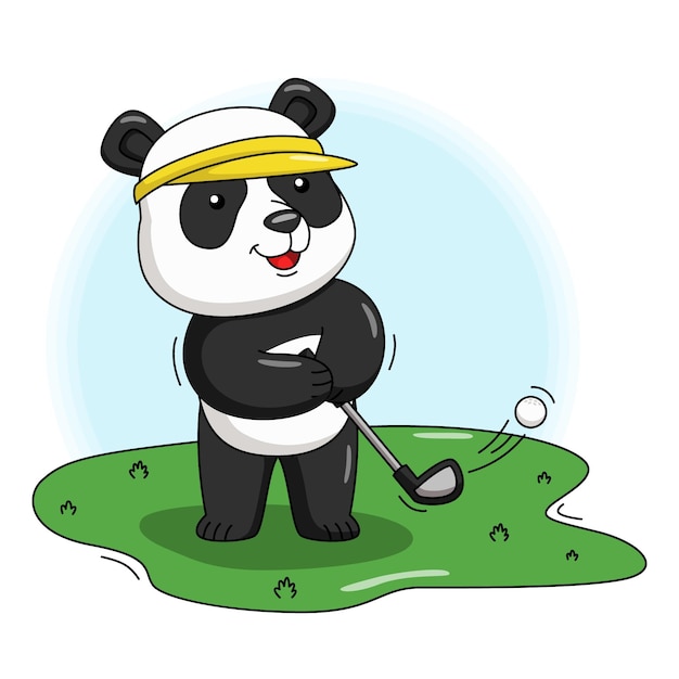 Cartoon illustrazione di un simpatico panda che gioca a golf