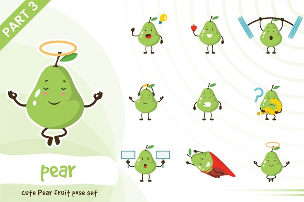 Cartoon illustration of cute pear fruit set