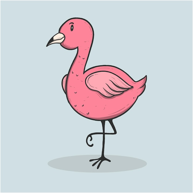 Cartoon illustration of a cute pink flamingo standing on one leg with a plain background