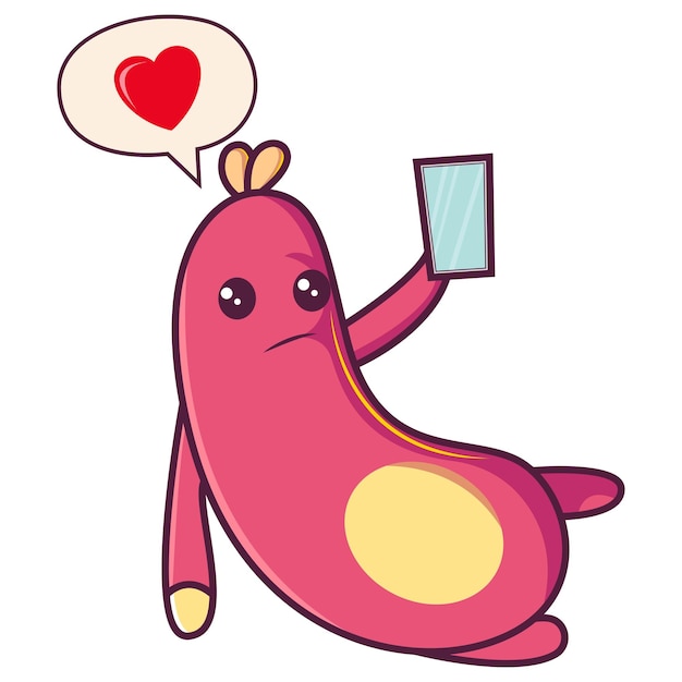 Cartoon illustration of cute pink insect taking selfie with phone