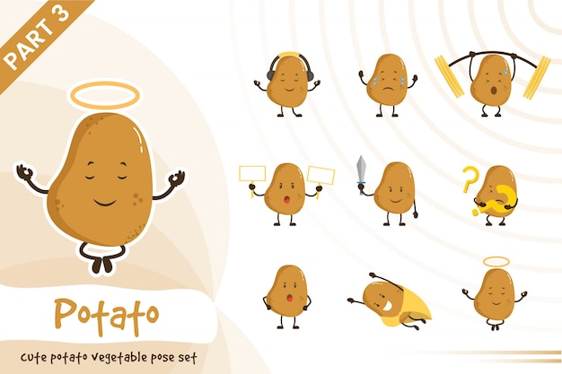  cartoon illustration of cute potato vegetable set