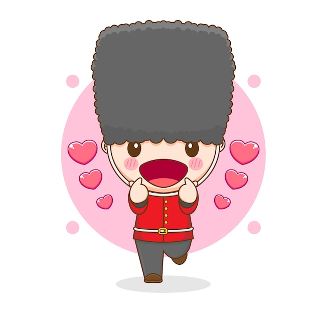 Cartoon illustration of cute queens guard character posing love finger