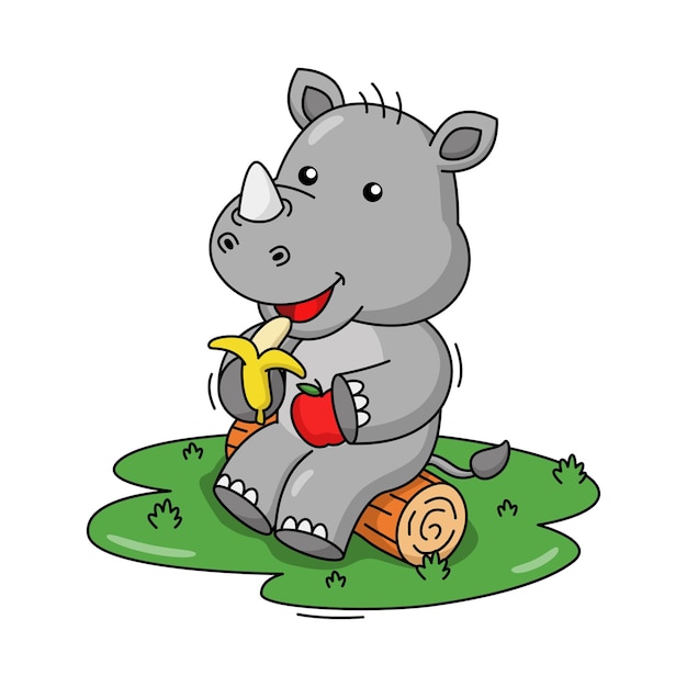 Vector cartoon illustration of a cute rhino eating a fruit