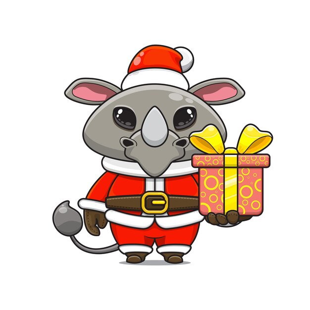 Cartoon illustration of cute rhino mascot wearing santa costume giving a gift box