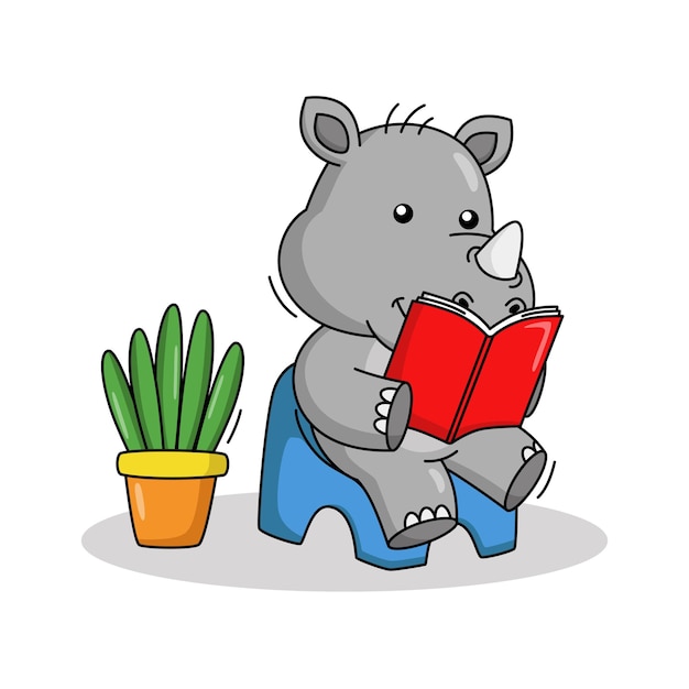 Vector cartoon illustration of a cute rhino reading a book