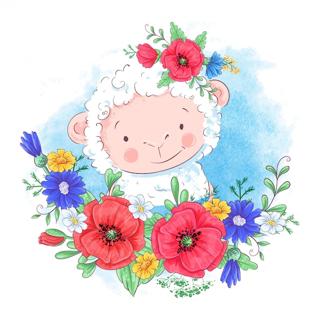 Cartoon illustration of a cute sheep in a wreath of red flowers