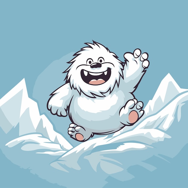 Vector cartoon illustration of a cute white snowman sitting on a snowy mountain