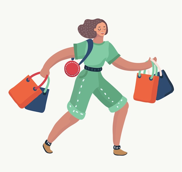 Cartoon illustration of cute woman quickly movel with gift bags. after shopping. to make purchases. female characters in modern style.