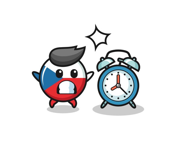 Vector cartoon illustration of czech flag badge is surprised with a giant alarm clock