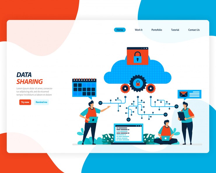 Vector  cartoon illustration of data sharing technology, remote worker, network industry  , people sending work file. cloud improvement to upload is effective.  
