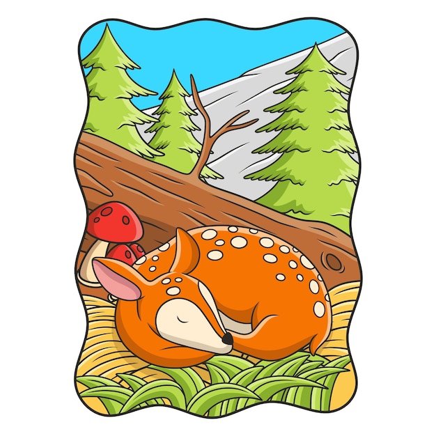 Cartoon illustration deer sleeping on the hay under the trunk of a big fallen tree