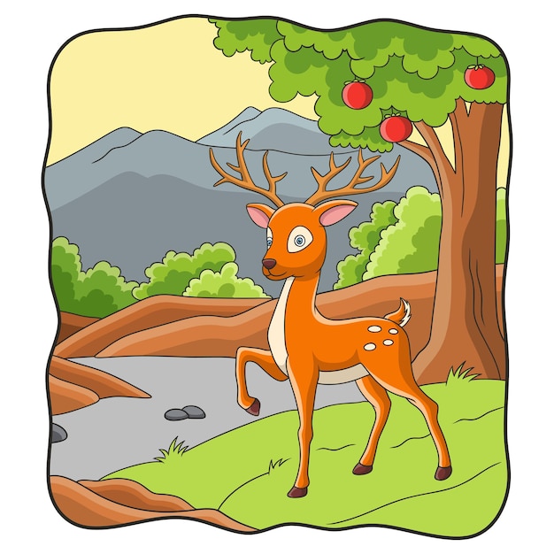 Cartoon illustration deer walking in the forest