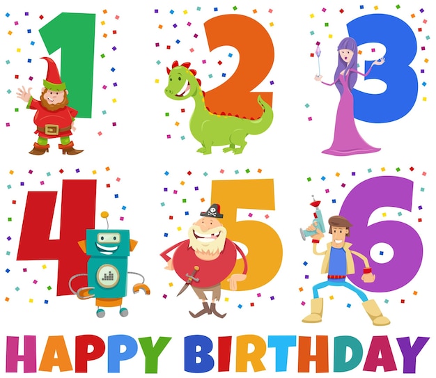 Cartoon illustration design of the birthday greeting cards set for children with fantasy characters