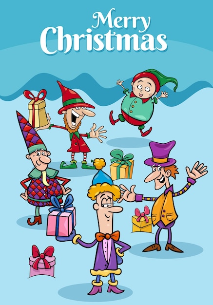 Cartoon illustration design or greeting card with elves characters on Christmas time